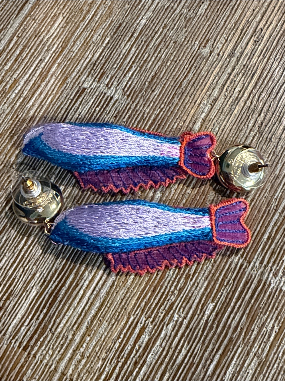 Mignonne Gavigan Colorful Fish Embroidered Drop Earrings - Pink, Purple & Blue - Picture 5 of 7